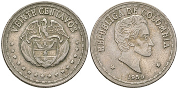 Колумбия 20 сентаво 1959 KM 215 медно-никель 4398-836