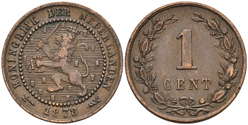 Нидерланды 1 цент 1878 Виллем III (1849-1890) KM 107 бронза 4576-548