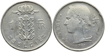 БЕЛЬГИЯ 1 ФРАНК 1951 BELGIE KM 143.1 медно-никель 4390-131