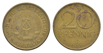 ГДР 20 пфеннигов 1969 A, первый год KM 11 латунь 4538-543