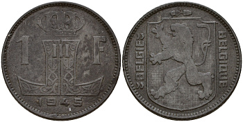 Бельгия 1 франк 1945 Belgie-Belgique KM 128 цинк    4187-146