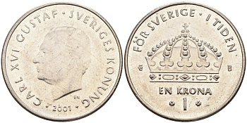 Швеция 1 крона 2001 Карл XVI Густав (1973- ) KM 894 медно-никель 4395-844