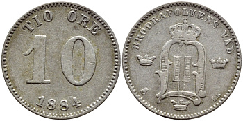Швеция 10 эре 1884 EB, Оскар II (1872-1907) король Швеции и Норвегии KM 755 серебро 1530-542
