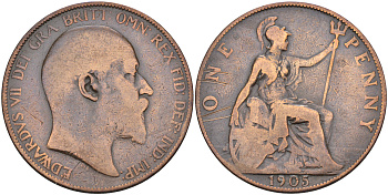 Великобритания 1 пенни 1905 Эдуард VII (1901-1910) KM 794.2, Spink 3990 бронза 4590-1141