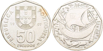 ПОРТУГАЛИЯ 50 ЭСКУДО 1989 ПАРУСНИК KM 636 медно-никель XF+ 4517-342