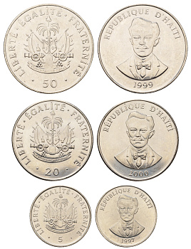 Гаити лот из 3 монет 1997-2000 (5, 20, 50 сантимов), в холдерах, Шарлемань Перальт KM 154а, 152а, 153а никелированная сталь UNC 4680-314-316