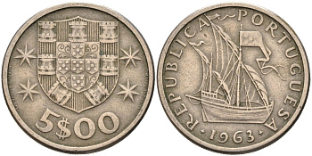 Португалия 5 эскудо 1963 парусник KM 591 медно-никель 4126-614