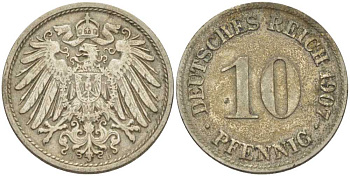 Германия 10 пфеннигов 1907 D KM 12, J. 13, Weege 8 медно-никель 212-111