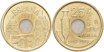 Испания 25 песет 1997 Мелилья (Melilla), Хуан Карлос I (1975-2014) KM 983 латунь 4549-933