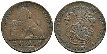 БЕЛЬГИЯ 2 САНТИМА 1863 BELGES KM 4.2 медь 4364-4434