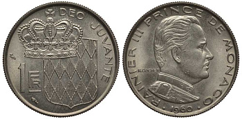 Монако 1 франк 1960 Ренье III (1949-2005) KM 140 никель 113-823