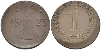 ГЕРМАНИЯ 1 РЕЙХСПФЕННИГ 1925 E, БРАК ЧЕКАНА, СМЕЩЕНИЕ KM 37, J. 313, Weege 2 бронза 206-822