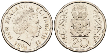 Новая Зеландия 20 центов 2006 Елизавета II (1952-2022), идол Пукаки KM 118a никелированная сталь UNC 4126-1251