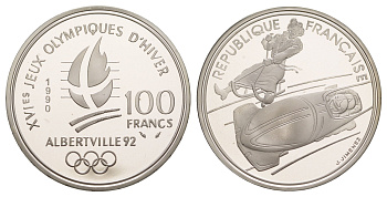 Франция 100 франков 1990 XVI зимние Олимпийские Игры, Альбервиль 1992 - Бобслей KM 981 серебро PROOF 1079-9-23
