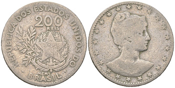 Бразилия 200 реалов 1901 MCMI, голова свободы вправо KM 504 медно-никель 4612-147