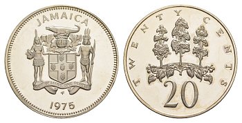 Ямайка 20 центов 1975 FM, тираж 16.000 экземпляров KM 55 медно-никель PROOF 1529-235