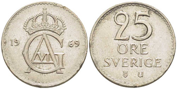 Швеция 25 эре 1969 U, Густав VI Адольф (1950-1973) KM 836 медно-никель 214-552