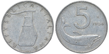 Италия 5 лир 1954 R, дельфин KM 92 алюминий 4164-417