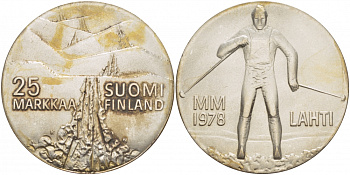 Финляндия 25 марок 1978 K-N, 21 Чемпионат мира по лыжным видам спорта 1978 в Лахти KM 56 серебро UNC 1515-1311