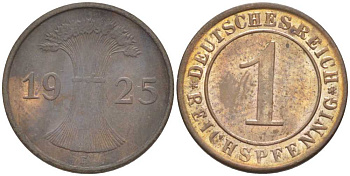 ГЕРМАНИЯ 1 РЕЙХСПФЕННИГ 1925 E KM 37, J. 313, Weege 2 бронза 206-821