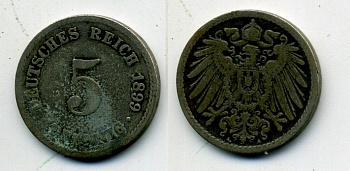 ГЕРМАНИЯ 5 ПФЕННИГОВ 1899 A, KM 11, J. 12 медно-никель 58-426