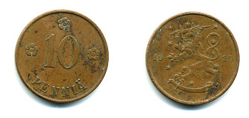 Финляндия 10 пенни 1927 республика (1918-1962) KM 24 медь 46-1551