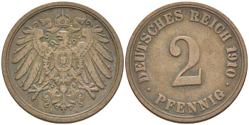ГЕРМАНИЯ 2 ПФЕННИГА 1910 A KM 16, J. 11, Weege 4 медь 212-341