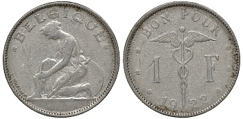 Бельгия 1 франк 1922 Belgique, Альберт I (1910-1934) KM 89 медно-никель 4163-412