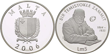 Мальта 5 лир 2006 Темистоклес Заммит (Сэр Теми Заммит), археолог, историк, писатель, профессор химии и врач KM 138 серебро PROOF 02-040-11