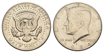 США 1/2 доллара (50 центов) 1984 P, Джон Кеннеди KM A202b медь плакированная медно-никелем aUNC 4517-611