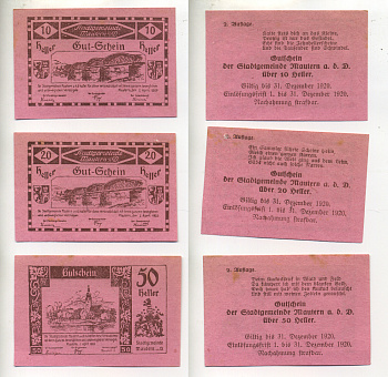 АВСТРИЯ НАБОР ИЗ 3 БАНКНОТ 1920 2 АПРЕЛЯ 1920- 31 ДЕКАБРЯ 1920, НОТГЕЛЬД, 10, 20, 50 ГЕЛЛЕРОВ, MAUTERN am der DONAU, НА РОЗОВОЙ БУМАГЕ бумага XF 6317-41-4