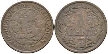 Нидерланды 1 цент 1917 Вильгельмина (1890-1948) KM 152  бронза    4169-228