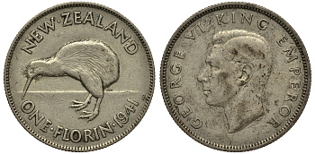Новая Зеландия 1 флорин 1941 Георг VI (1936-1952), птичка киви KM 10.1 серебро 272-1522