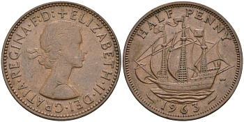 Великобритания 1/2 пенни 1963 Елизавета II (1952-2022) KM 896, Spink 4158 бронза 4561-942