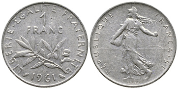 ФРАНЦИЯ 1 ФРАНК 1961 СЕЯТЕЛЬ KM 925.1 никель 84-251