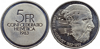 ШВЕЙЦАРИЯ 5 ФРАНКОВ 1983 100 ЛЕТ СО ДНЯ РОЖДЕНИЯ ЭРНЕСТА АНСЕРМЕ KM 62 медно-никель UNC 443-145