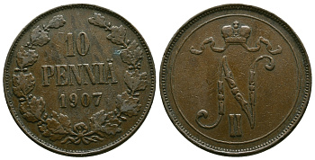 РОССИЯ ДЛЯ ФИНЛЯНДИИ 10 ПЕННИ 1907 Биткин 430 медь 4381-121