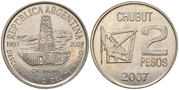 Аргентина 2 песо 2007 100 лет нахождению нефти в Аргентине KM 145 медно-никель UNC 4157-845