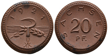 Саксония 20 пфеннигов 1921 колосья и серп J. N 53 фарфор UNC 1094-9-13
