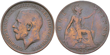 Великобритания 1 пенни 1911 Георг V (1910-1936) KM 810, Spink 4051 бронза 221-1243