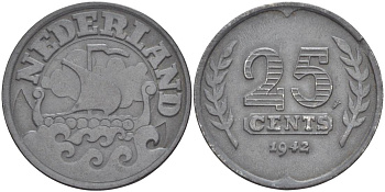НИДЕРЛАНДЫ 25 ЦЕНТОВ 1942 ВИЛЬГЕЛЬМИНА I (1891-1948), ГЕРМАНСКАЯ ОККУПАЦИЯ, ВТОРАЯ МИРОВАЯ ВОЙНА KM 174 цинк 4548-854
