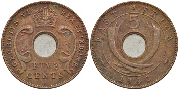 Британская Восточная Африка 5 центов 1942 Георг VI (1936-1952) KM 25.2 бронза 210-753