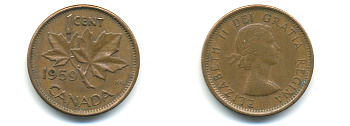 КАНАДА 1 ЦЕНТ 1959 КЛЕНОВЫЙ ЛИСТ KM 49 бронза 177-1322