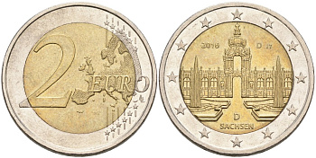 Германия 2 евро 2016 D, серия федеральные земли Германии, Саксония KM 347 биметалл 4521-1013
