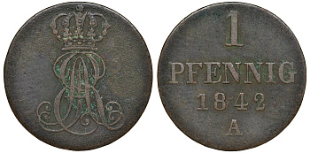 Ганновер 1 пфенниг 1842 A, Эрнст Август (1837-1851) KM 173.1, AKS 126, J. 54 медь 72-1655