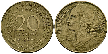 Франция 20 сантимов 1964 тип Marianne KM 930 медь алюминий никель 4135-553