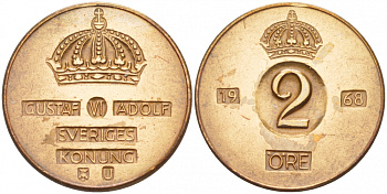 Швеция 2 эре 1968 U Густав VI Адольф (1950-1973) KM 821 бронза 4548-414