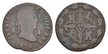 Испания 4 мараведи 1830 Фердинанд VII KM 489 медь 4644-764