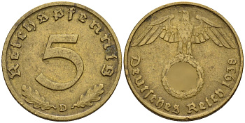Германия 5 рейхспфеннигов 1938 D KM 91, J. 363 алюминиевая бронза 4151-835