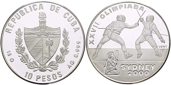 Куба 10 песо 1997 XXVII летние Олимпийские игры 2000 года в Сиднее 2000 года, фехтование KM 591 серебро  PROOF  1069-10-41
